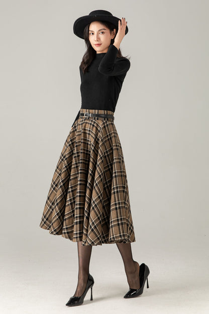 Wool Blend Plaid Midi Skirt : High Waist Swing Circle Skirt, Ylistyle C5375