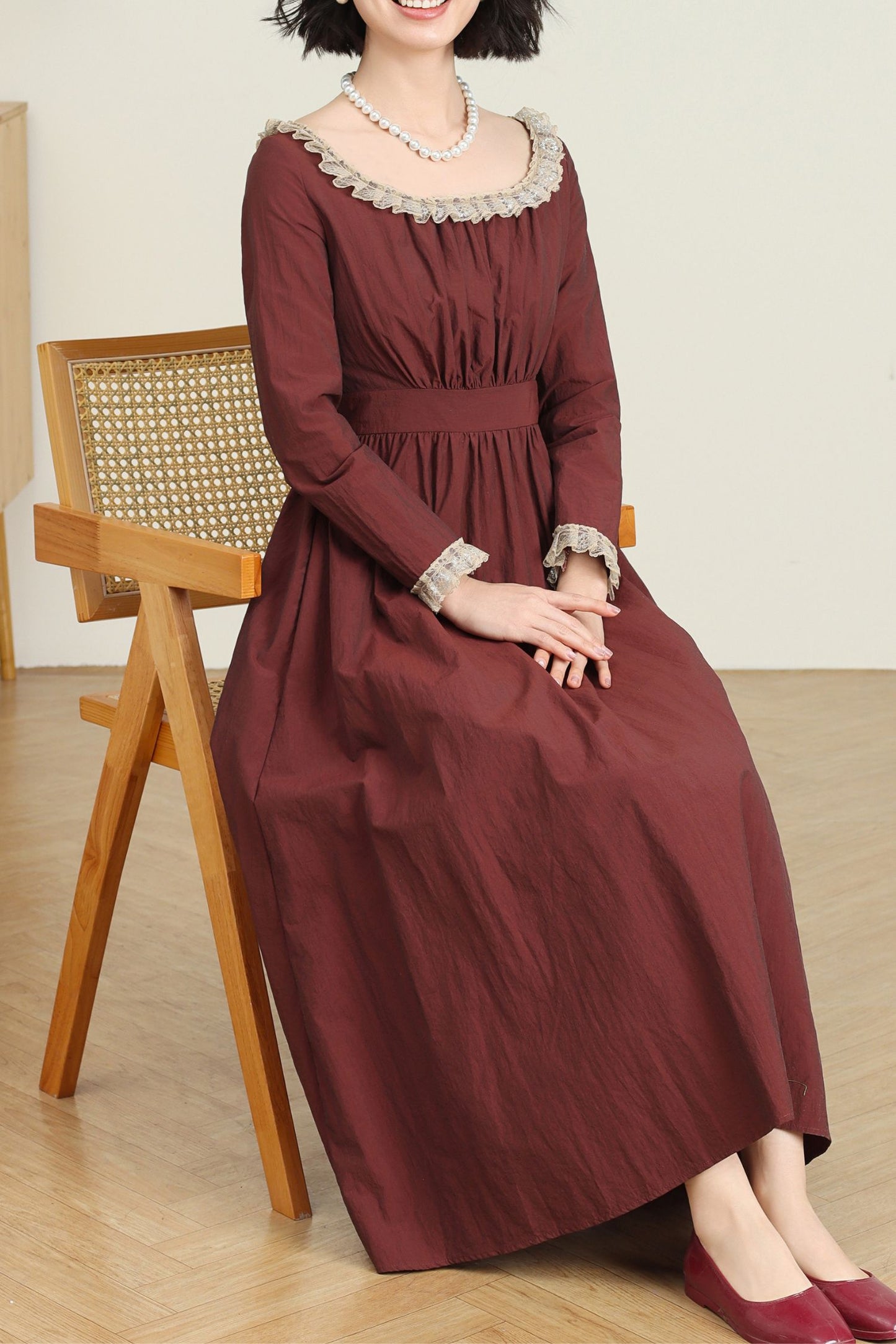 Women's Burgundy Princess linen dress C4735