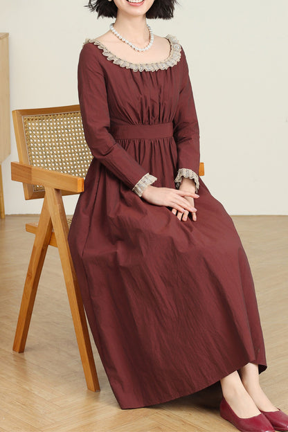 Women's Burgundy Princess linen dress C4735