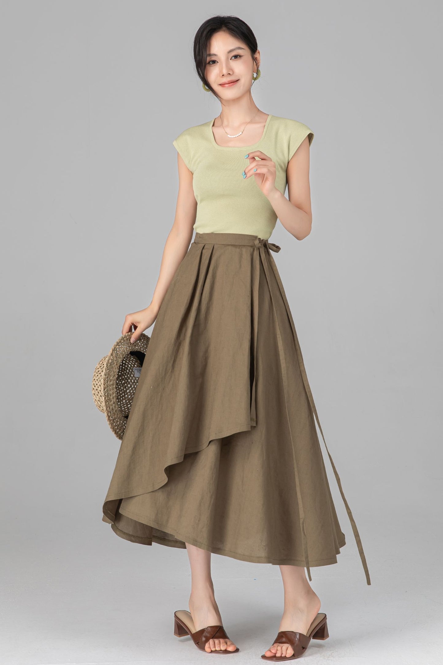 Green Linen Cotton Wrap Midi Skirt - Asymmetrical Flowy Pleated A-Line c5519