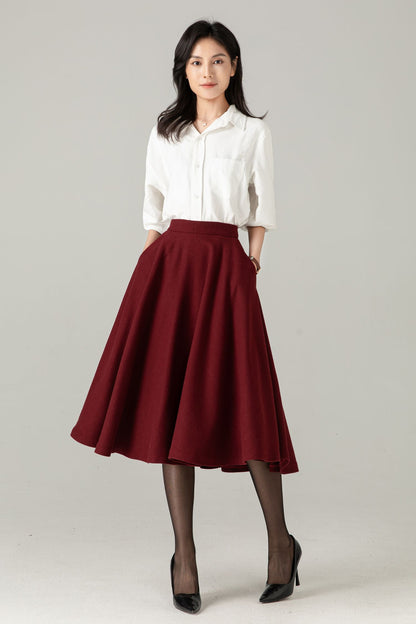 Burgundy Wool Midi Skirt: High Waist Winter A-Line Swing Skirt with Pockets, Ylistyle C5371