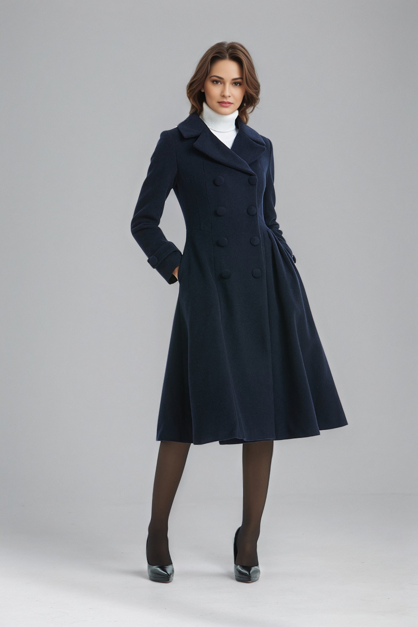 Double breasted Navy Blue Wool Coat C5136