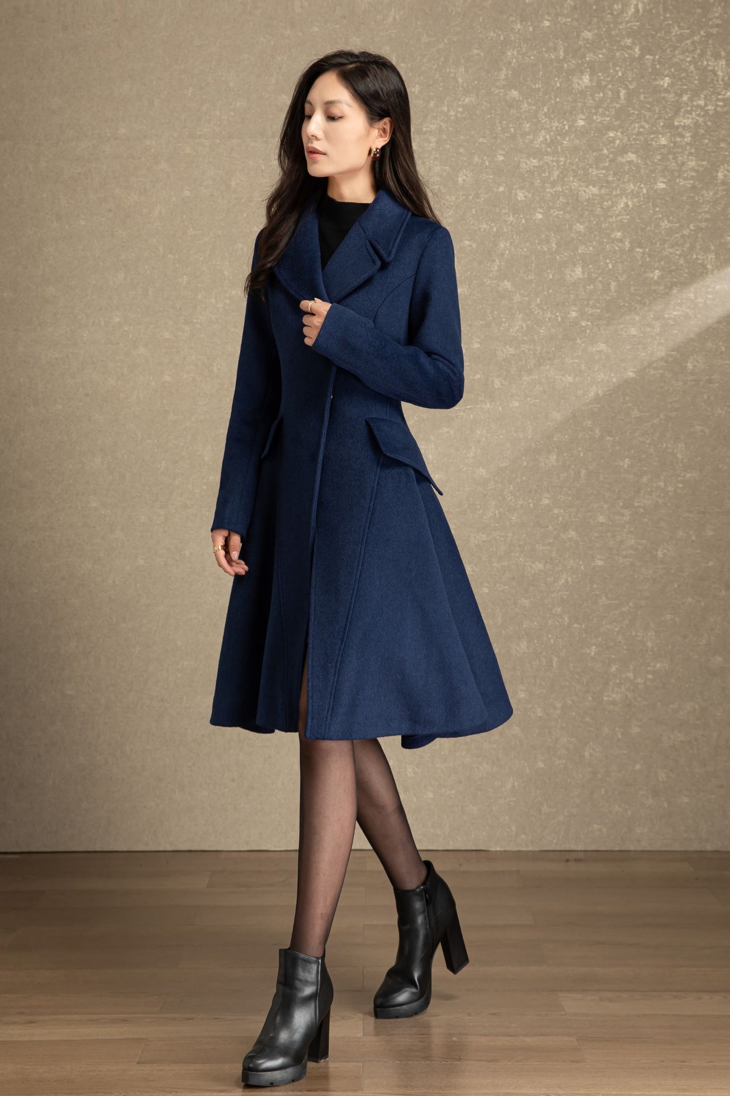 Blue fit and flare winter wool coat C4492