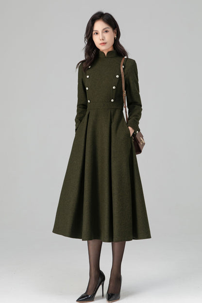 Military-Inspired Long Sleeve Wool Dress C5195