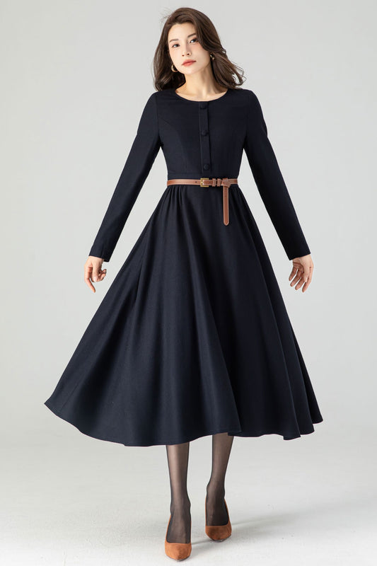 Navy Blue Midi Wool Dress C3616