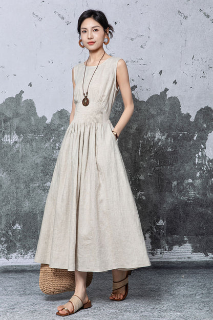 Natural Linen Maxi Dress - Sleeveless A-Line with Smocked Waist c5468