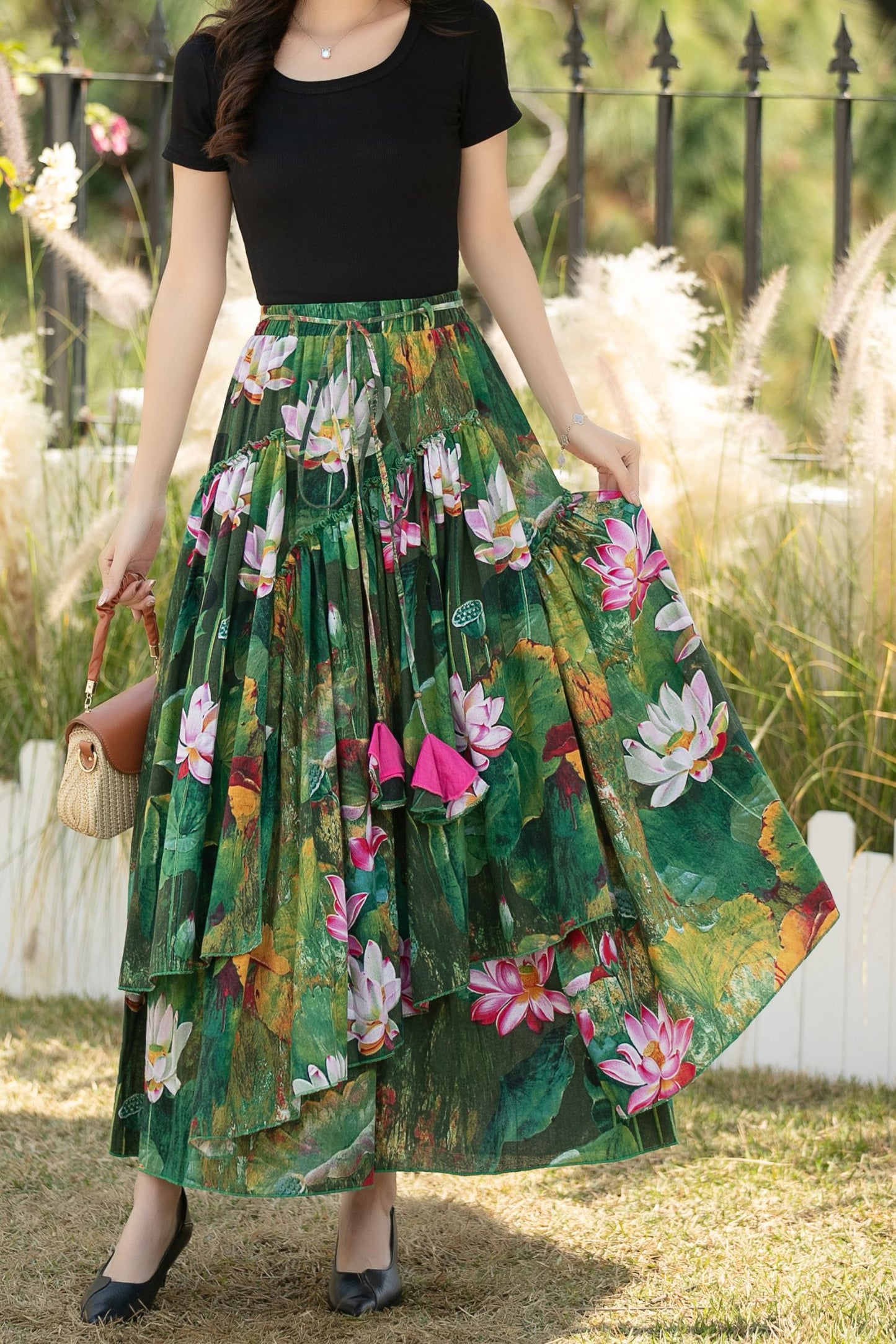 Green Floral Linen Cotton Maxi Skirt with Elastic waistband – High Waisted Pleated Full Skirt for Women, Ylistyle C5438