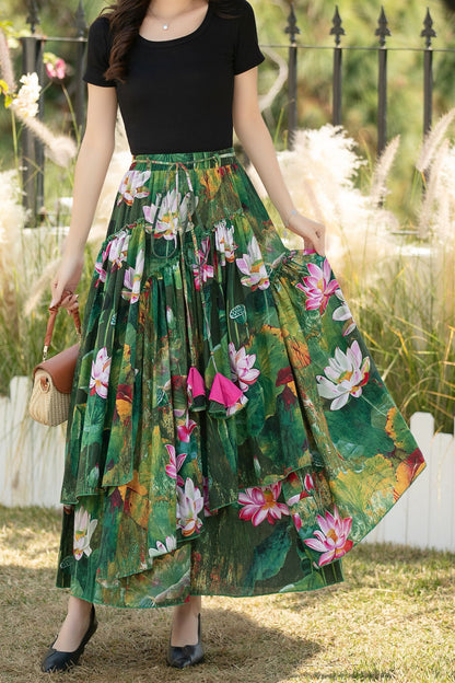 Green Floral Linen Cotton Maxi Skirt with Elastic waistband – High Waisted Pleated Full Skirt for Women, Ylistyle C5438