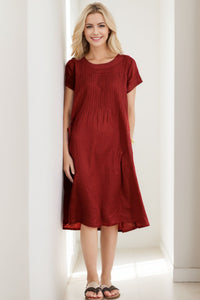 Red linen dress midi dress C283