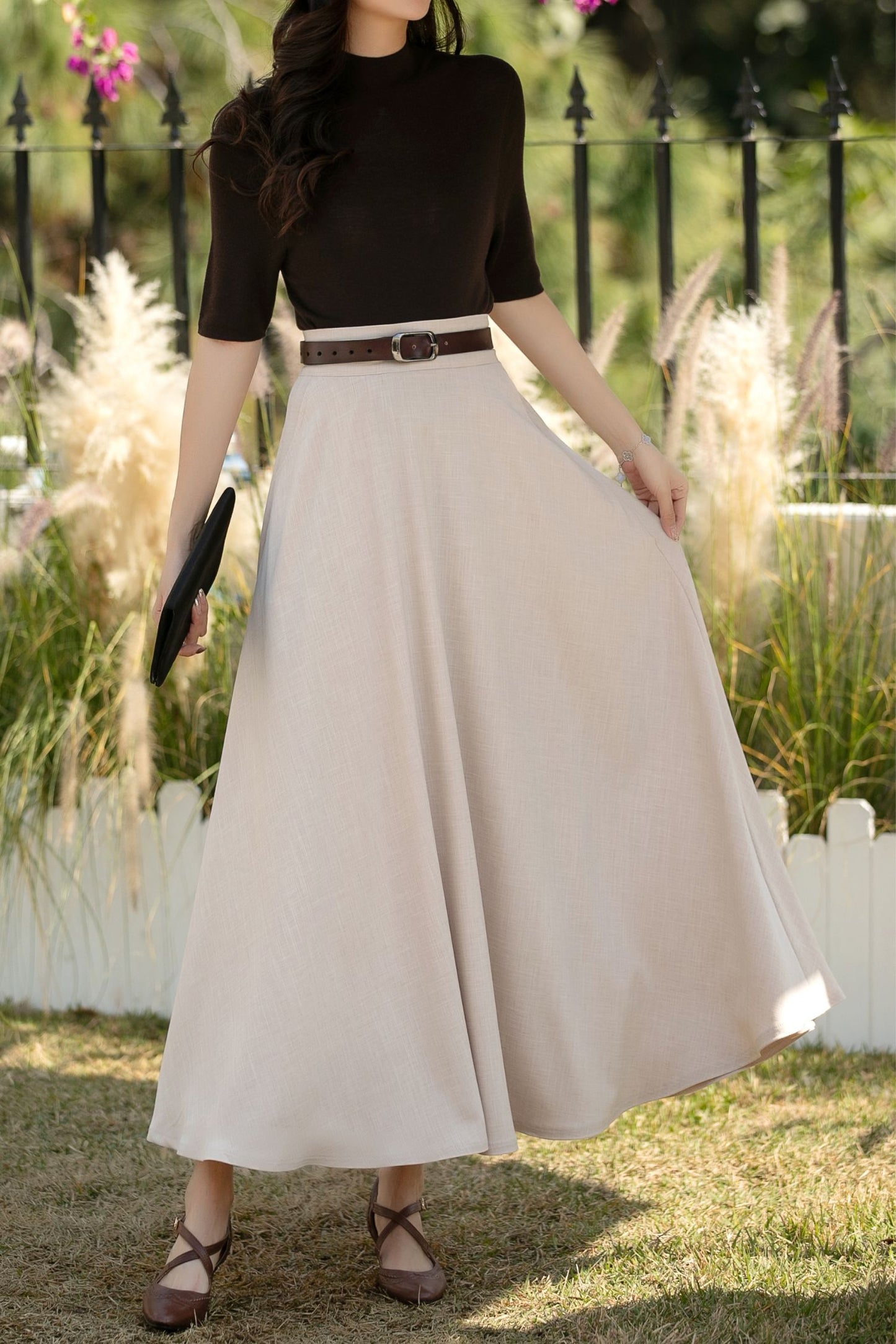 Beige Linen Cotton Maxi Skirt: High Waisted A-Line Summer Skirt, Ylistyle C5443