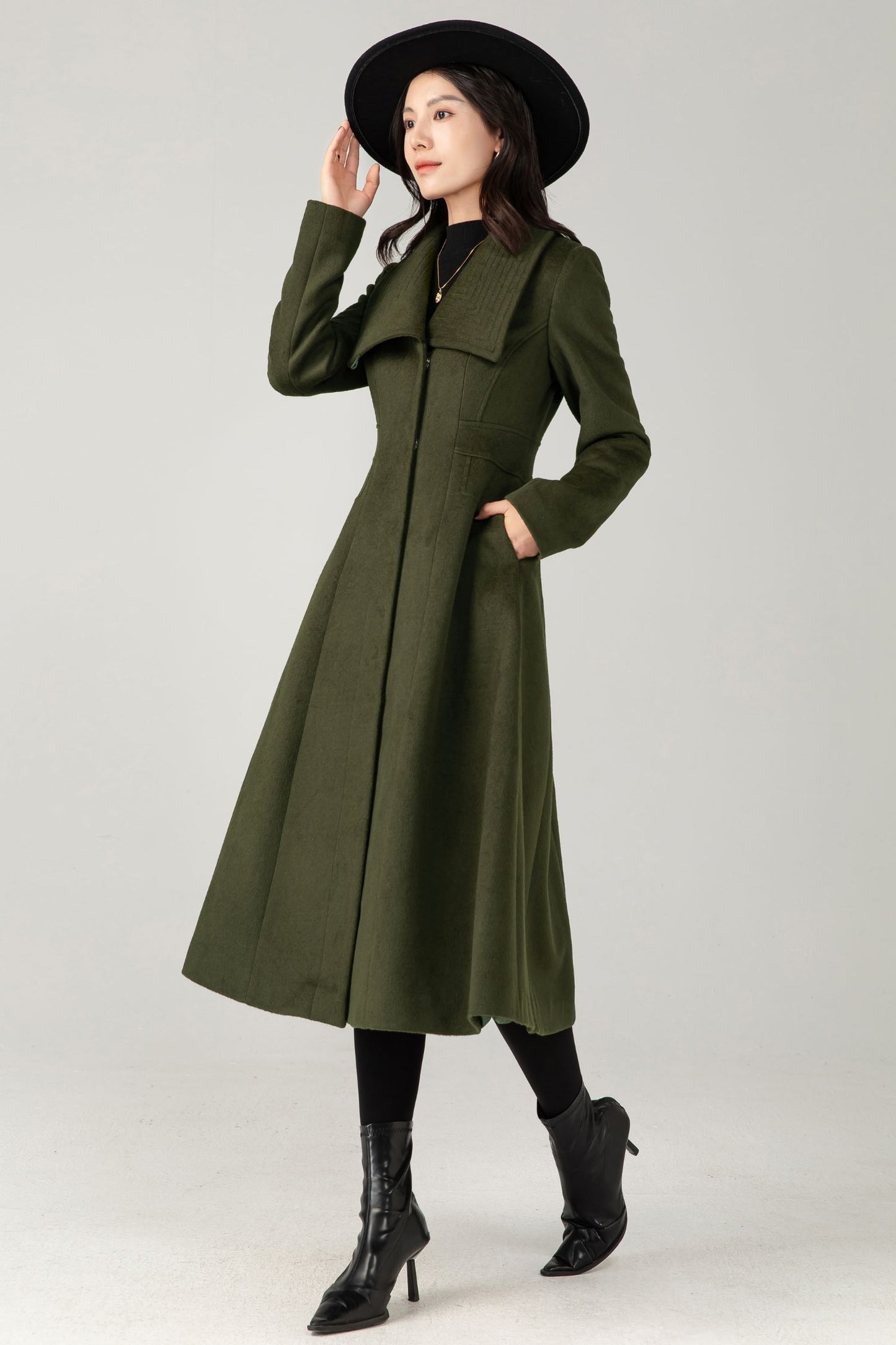 Army Green Wool Midi Coat: Women Tailored Winter Coat with Statement Collar C5335