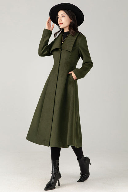 Army Green Wool Midi Coat: Women Tailored Winter Coat with Statement Collar C5335