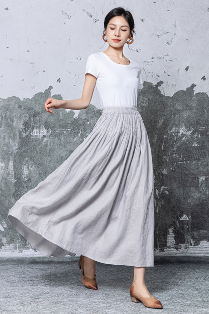 Gray Linen Maxi Skirt - Elastic Waist Pleated A-Line Silhouette c5466