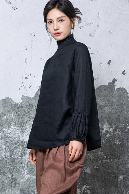 Black Linen Blouse - Loose Fit with Ruffle Neck c5461
