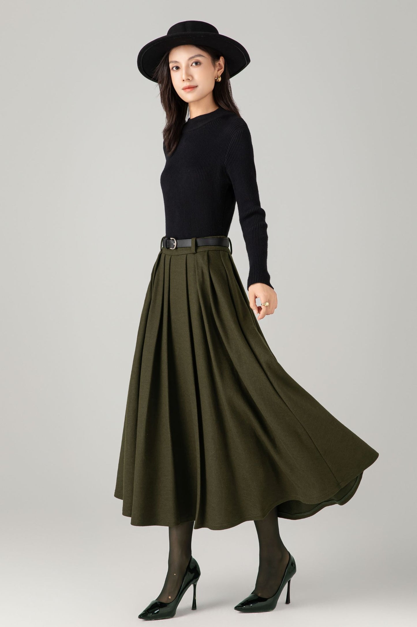 Army green midi winter wool skirt C5276