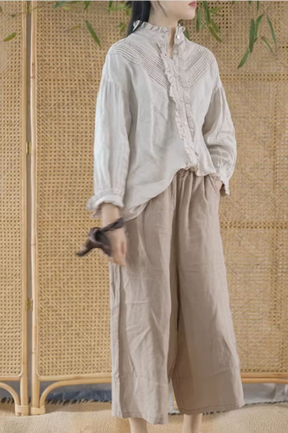 Casual linen shirt top with ruffle details C5428