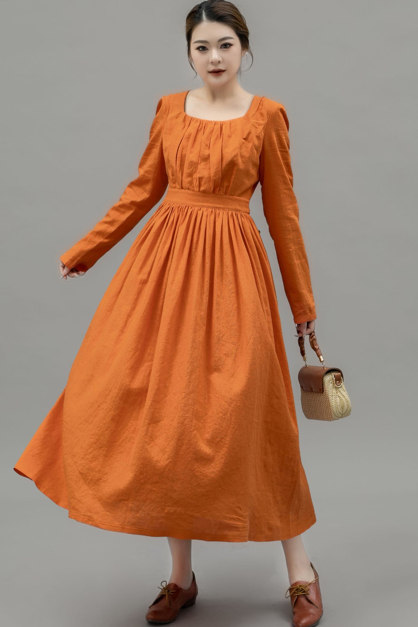 Light Orange Spring Linen Dress Women C4747