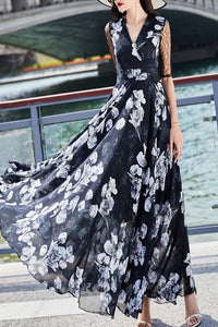 Summer black chiffon floral dress women C4114