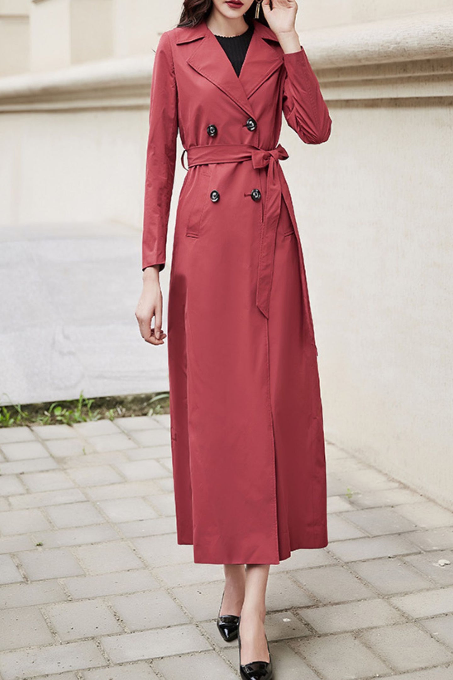 Burgundy women spring and autumn trench coat C4201