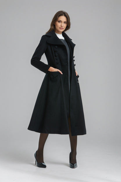 Vintage Black Midi Wool Coat for Winter-Women C5137