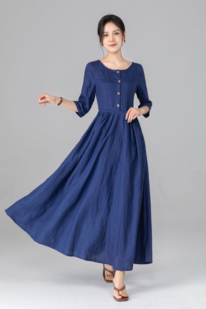Blue Linen Maxi Dress - Pleated Waist & Button Front | Ylistyle C5514