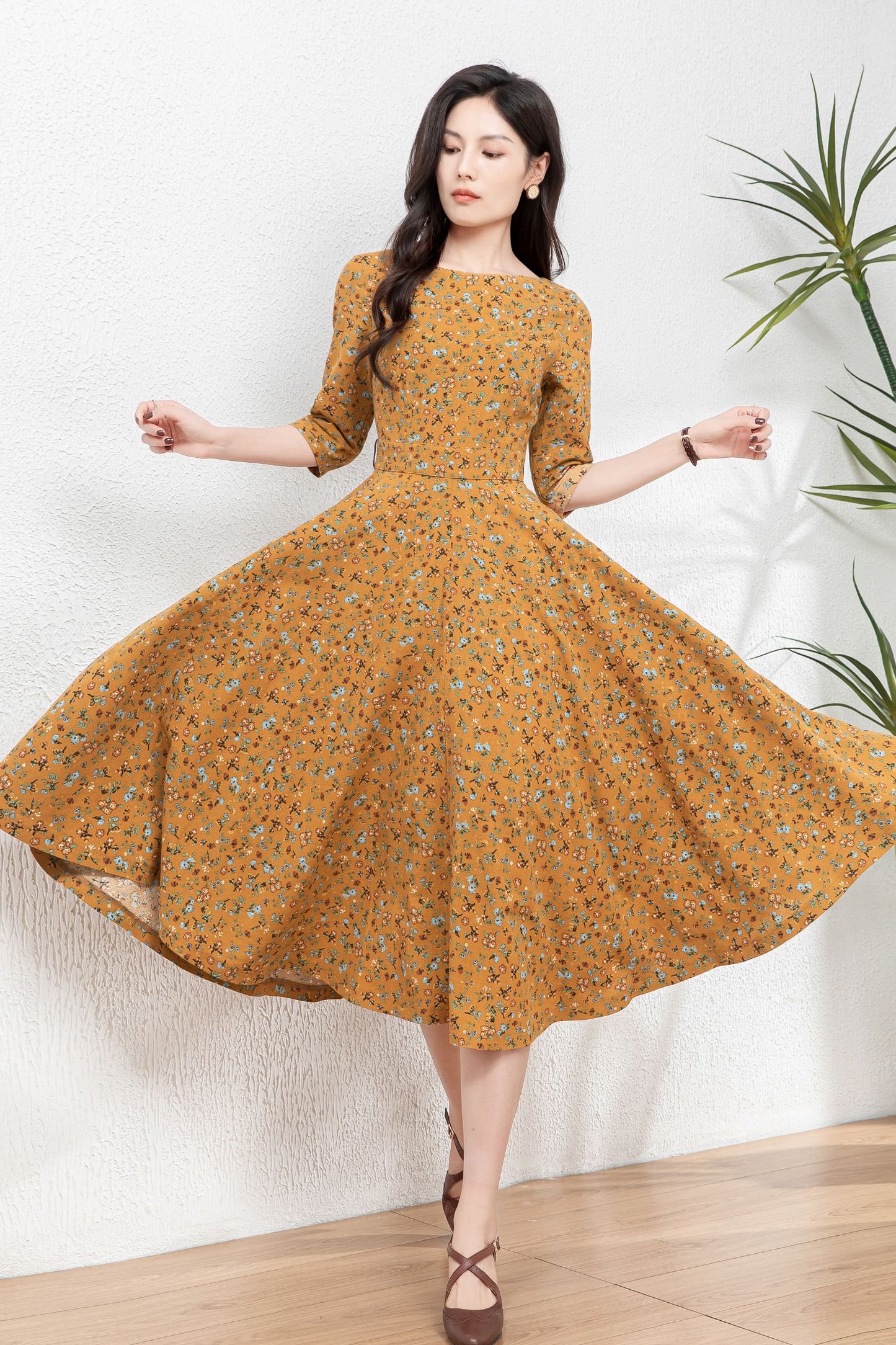 Floral swing linen dress women C4768