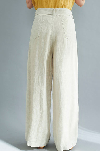 Wide leg beige Linen High Waist Long pants C2117