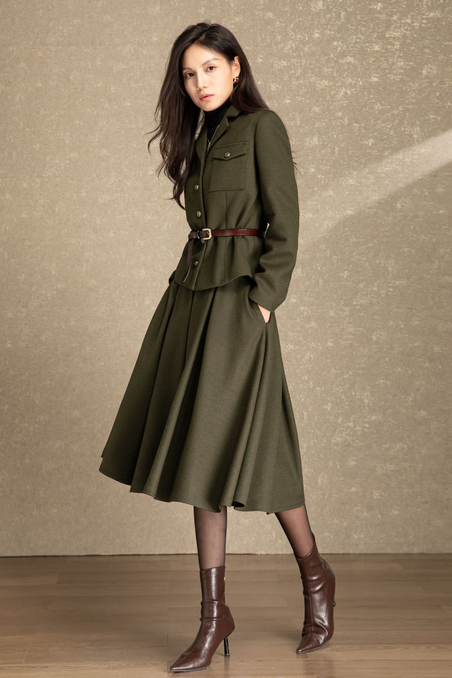 Army green short wool jacket coat C4488