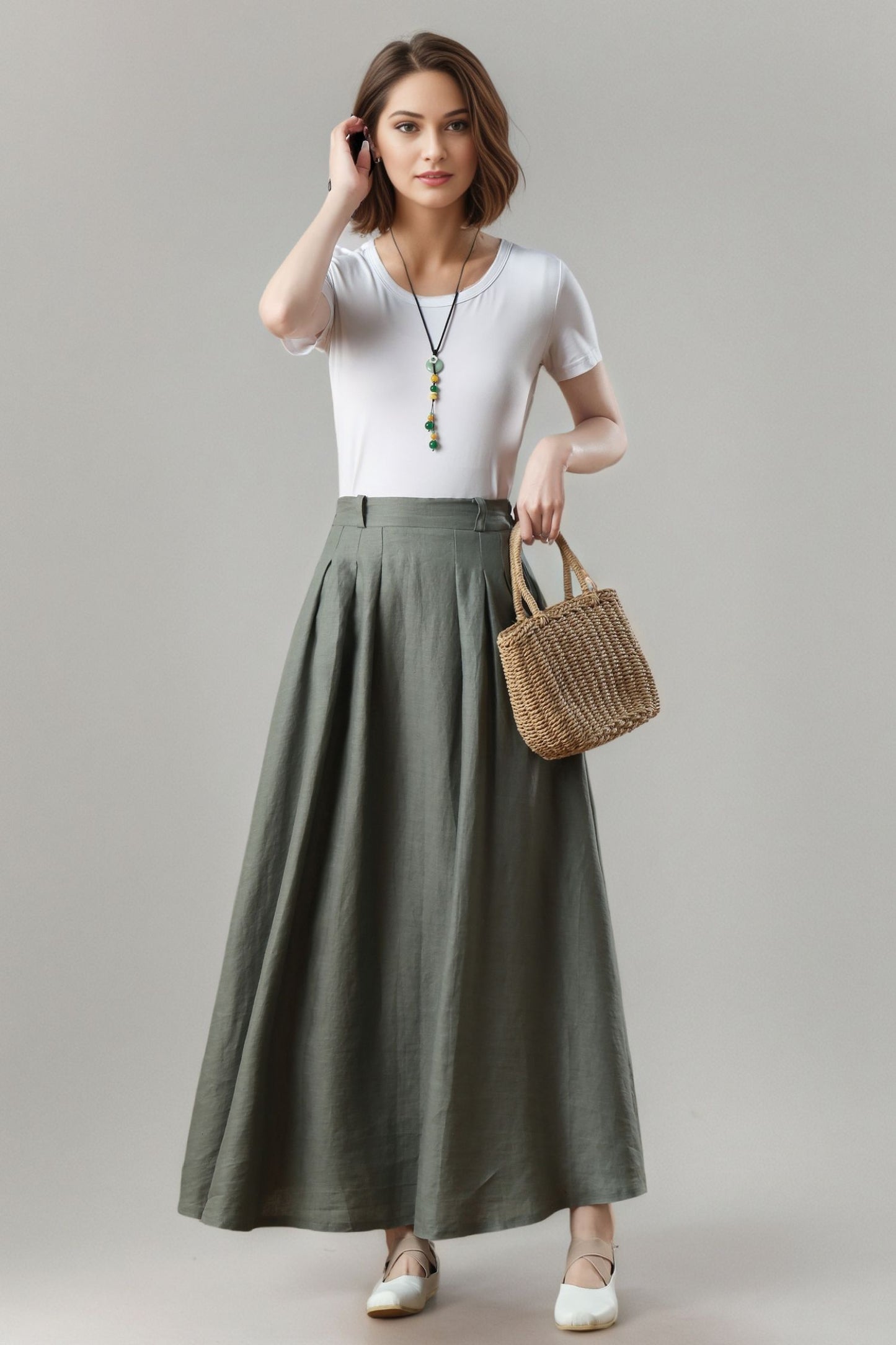 Green Linen Maxi Skirt, A-Line Swing Skirt, Plus Size, Ylistyle C5406