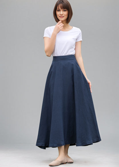 Casual High Waist A Line Blue Linen Skirt C5144