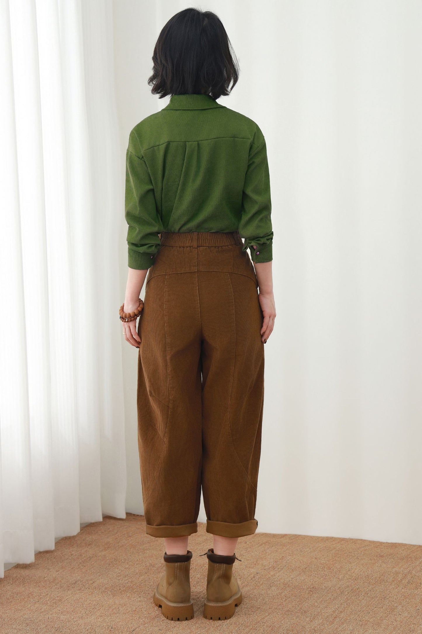 Brown Cotton Corduroy Barrel Pants - High Waist Relaxed Fit Cropped Trousers c5449