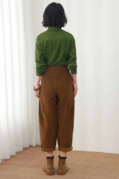 Brown Cotton Corduroy Barrel Pants - High Waist Relaxed Fit Cropped Trousers c5449