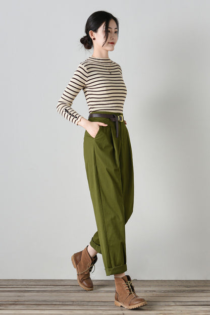 Army green cotton loose fitting pants C4700