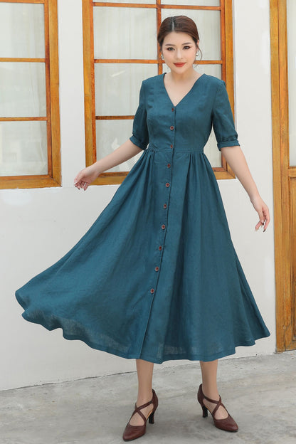 Button Front linen Midi dress c4839