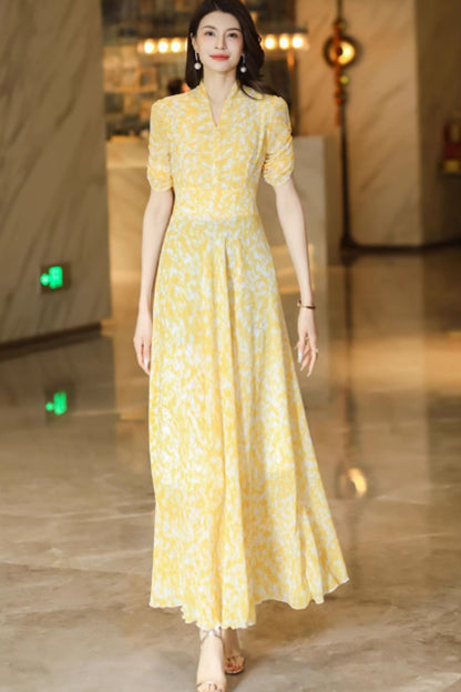Yellow flower printed maxi chiffon dress C4927