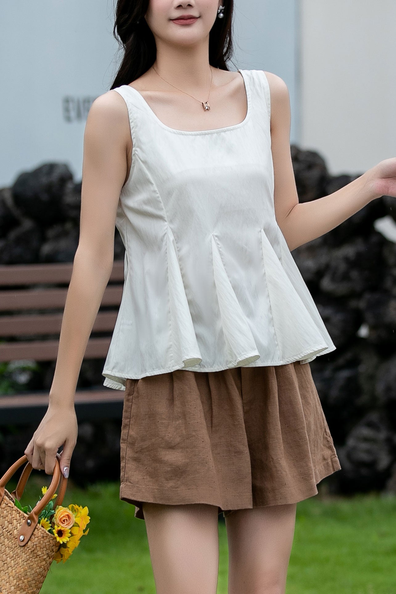 White sleeveless summer blouse women C5040