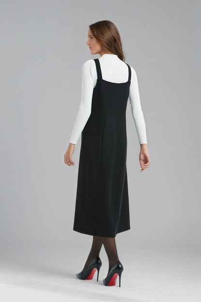 Long Sleeveless Black Wool Pinafore Dress C5141