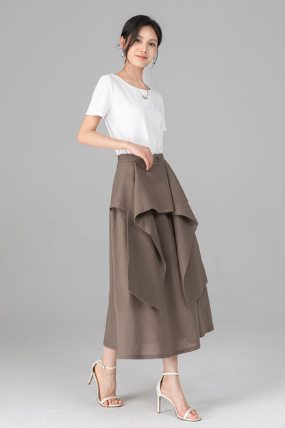 Khaki Linen Cotton Midi Skirt - Asymmetrical Layered Ruffle A-Line C5521