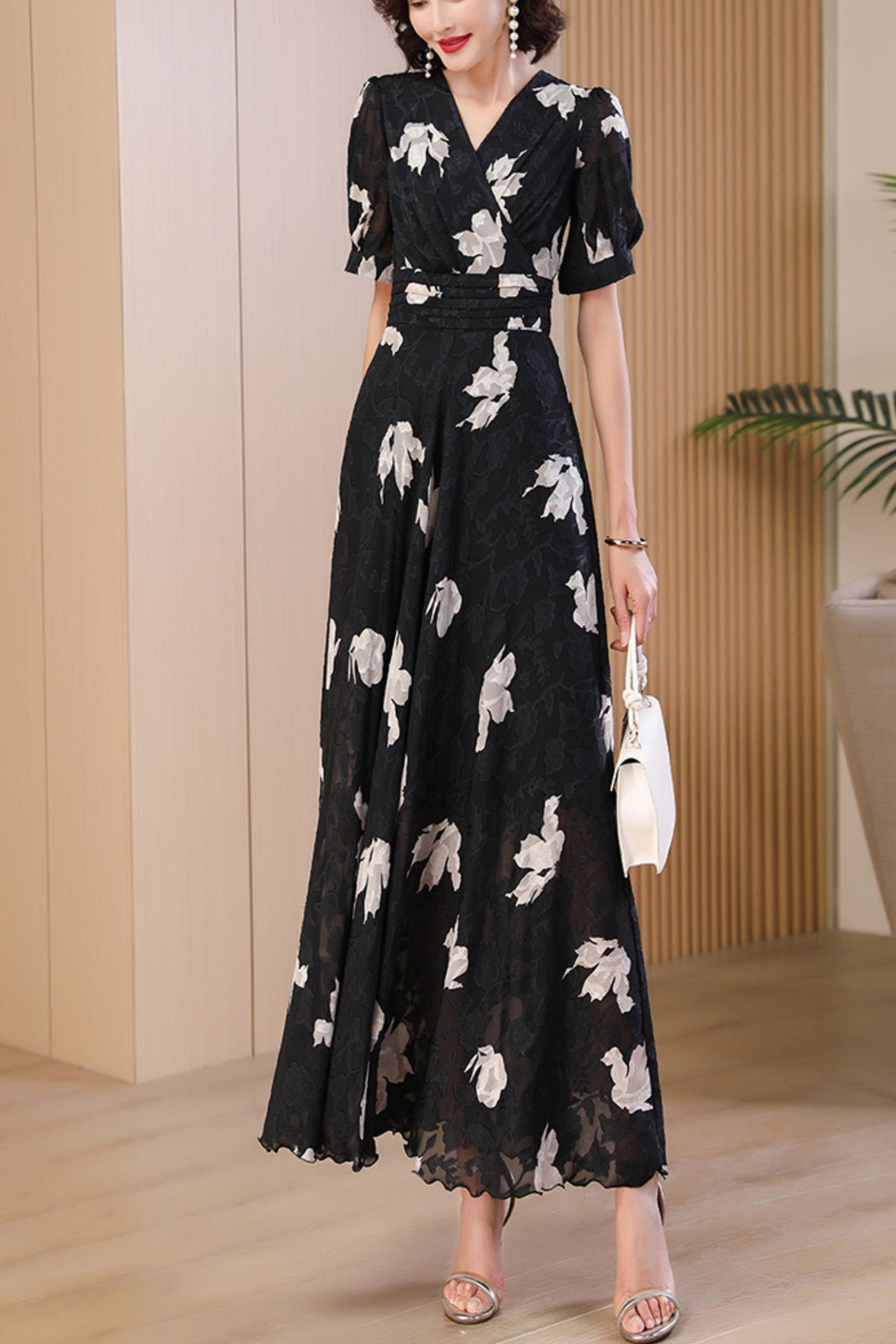 Black printed summer new chiffon dress C4087