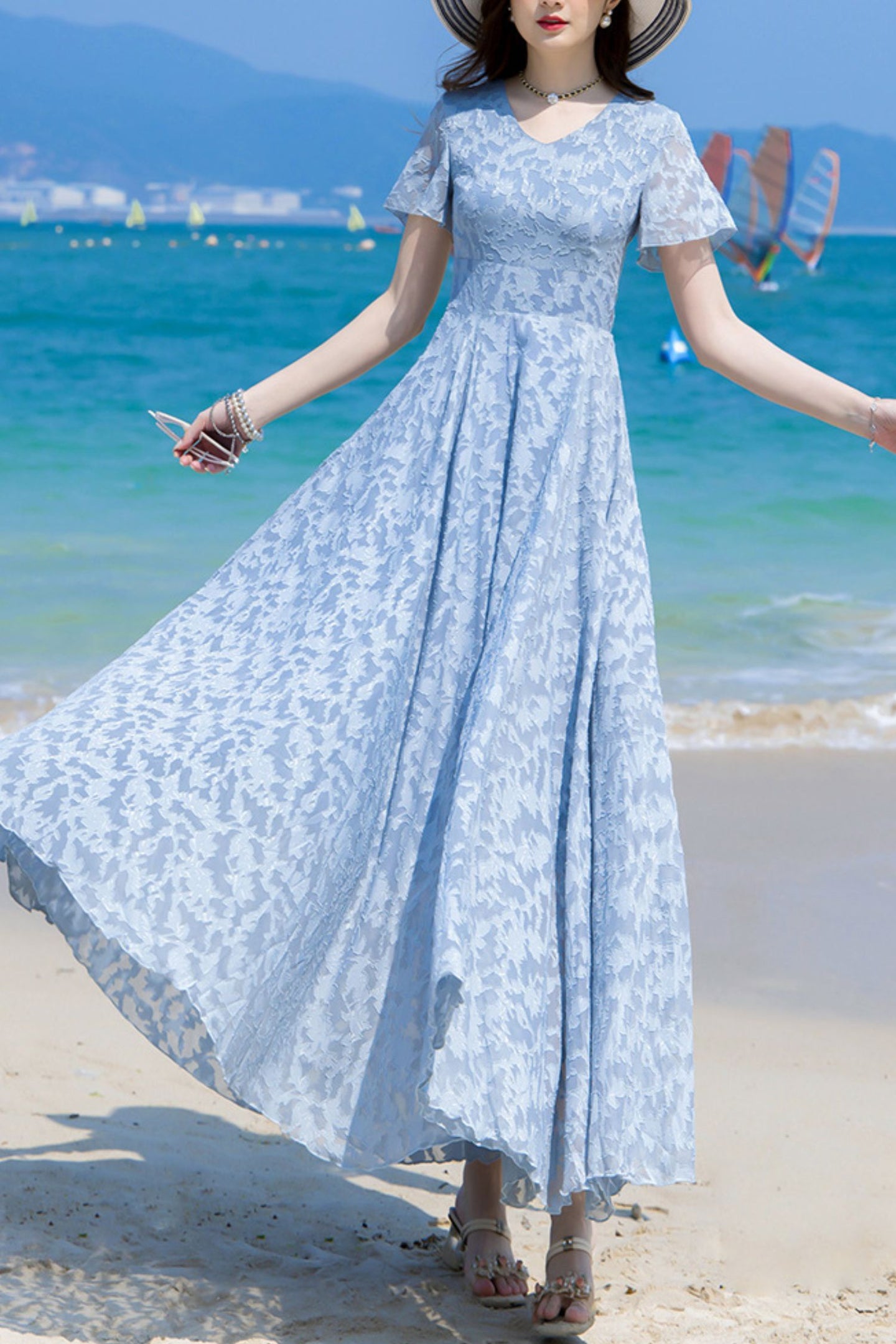 Summer blue chiffon floral dress C4112