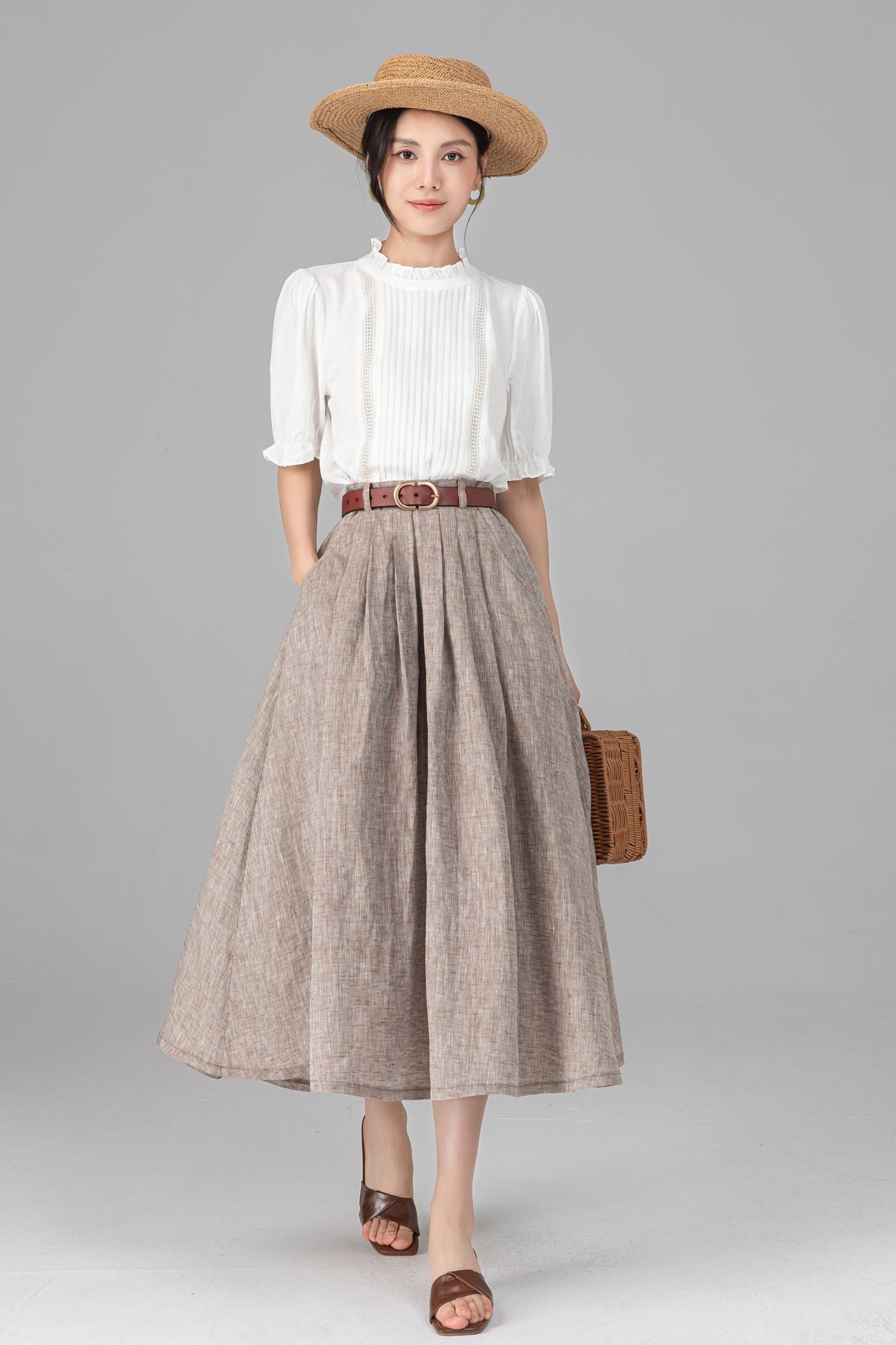 Beige Linen A-Line Midi Skirt with Pockets - Pleated & Comfortable C5520