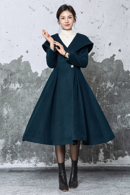Dark Teal Wool Midi Coat - Large Lapel & Fit-and-Flare Silhouette C5480