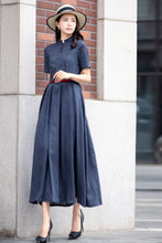 Load image into Gallery viewer, Summer Linen Button up Gray maxi Swing Dress C2829
