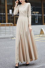 Load image into Gallery viewer, khaki spring and autumn V neck dress C4184
