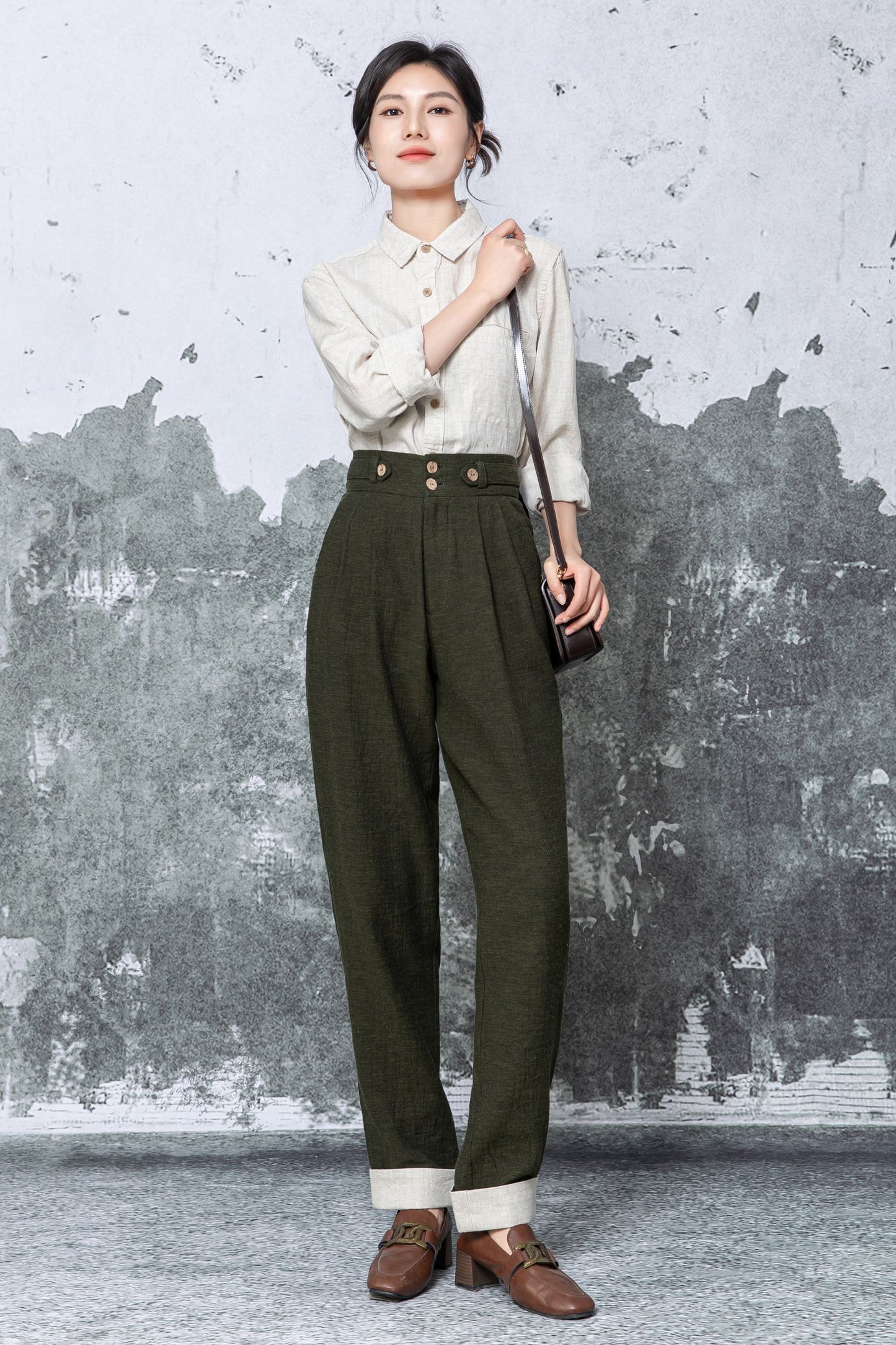 Olive Linen Blend Wide Leg Trousers - High Waist Relaxed Fit c5477