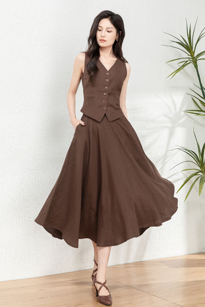 Women sleeveless brown linen vest C4765