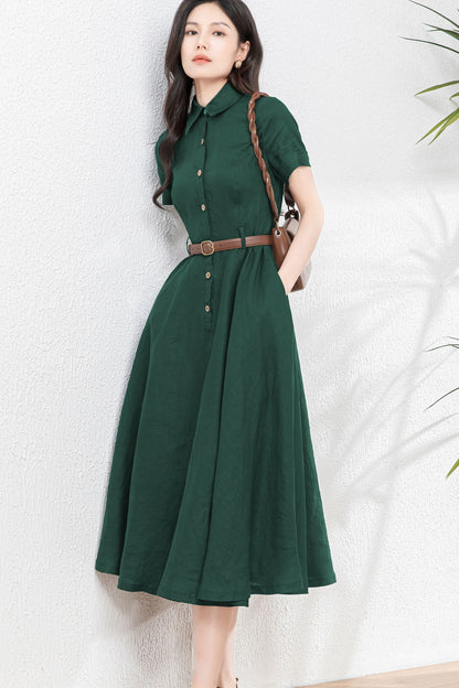 Dark Green Midi Linen Dress c4899