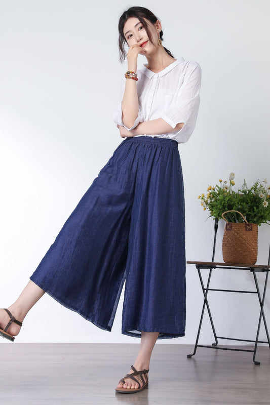 Navy wide legs elastic waist pants C3330