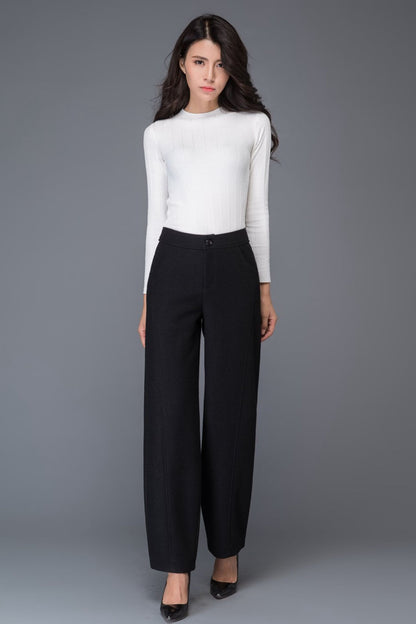Black loose winter long wool trousers C1016