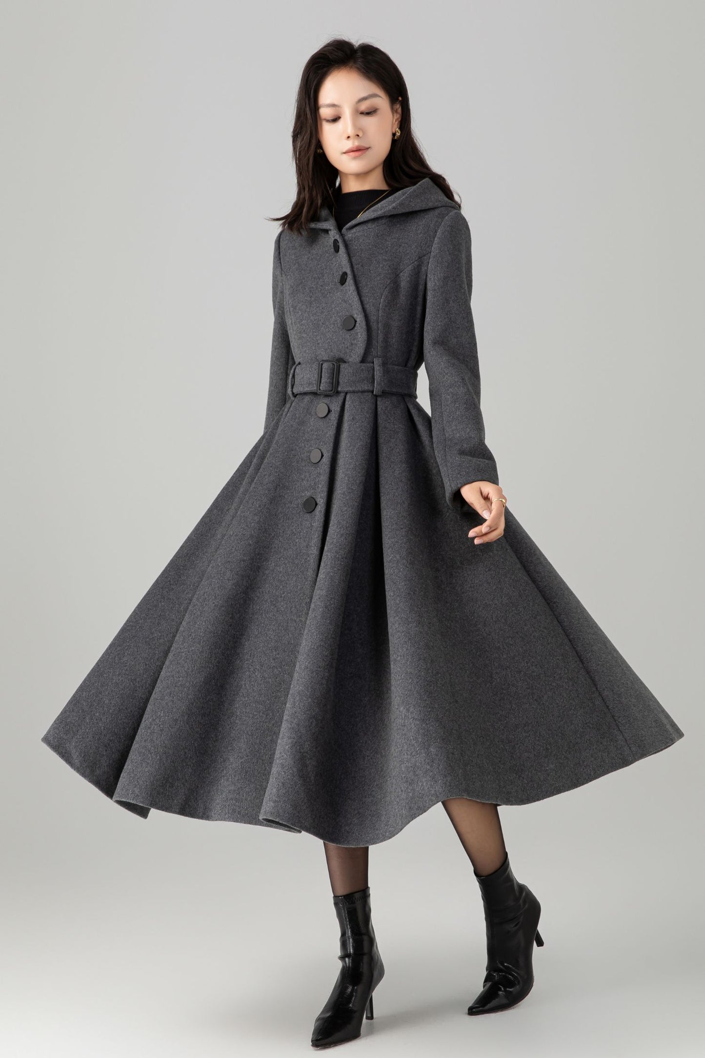 Swing gray long hooded wool coat C5269